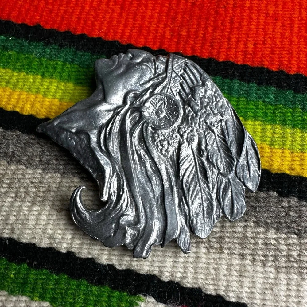 Vintage Pewter‎ Chief Pontiac Indiana Metal Craft Brass Belt Buckle 1970s C-60